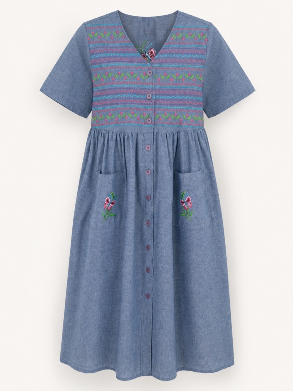 Bechamel Denim Midi Dress with Embroidery Button Front Vintage Size Medium